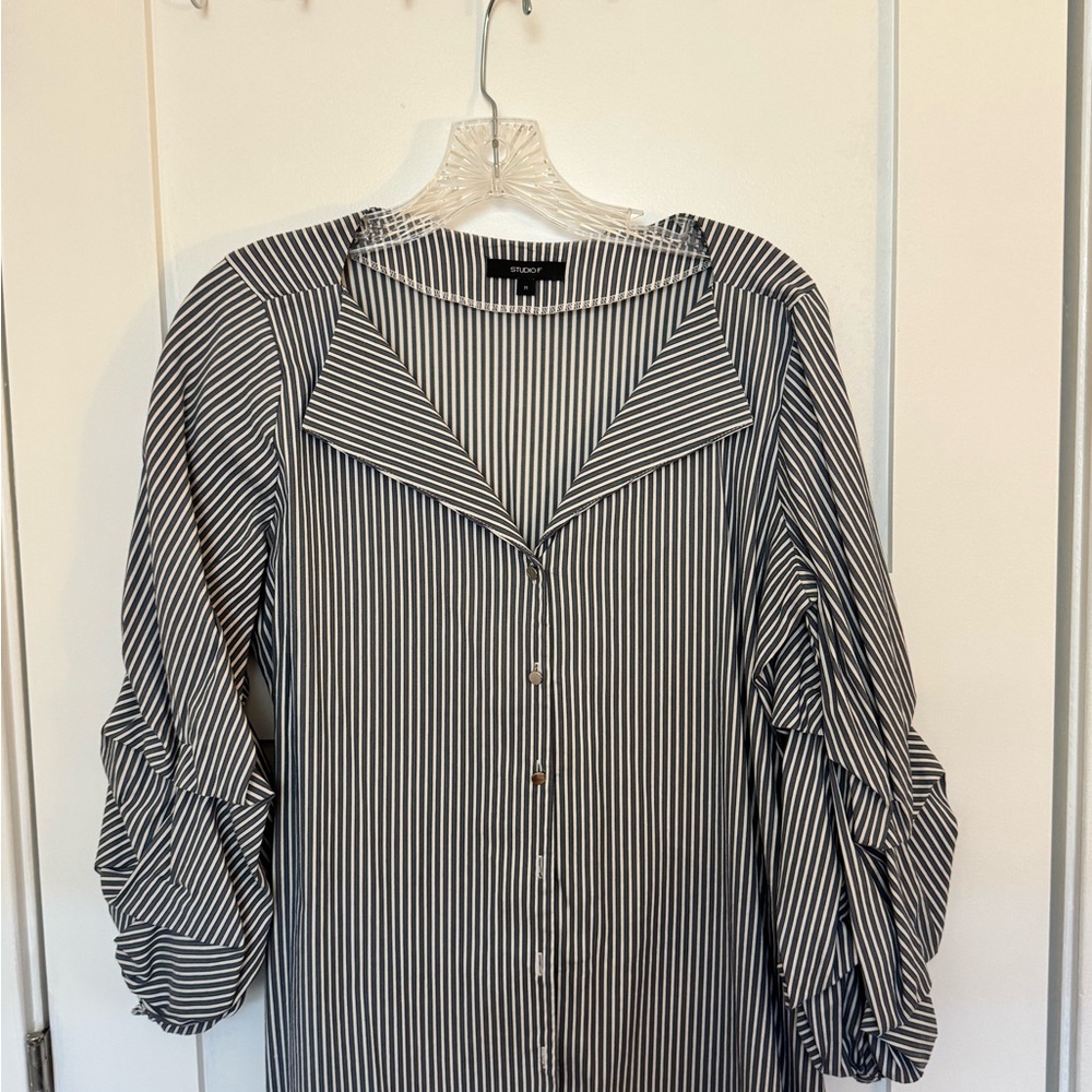 Studio Gray Button Down Shirt with V Neck Flutter Sleeves and Sailor Collar